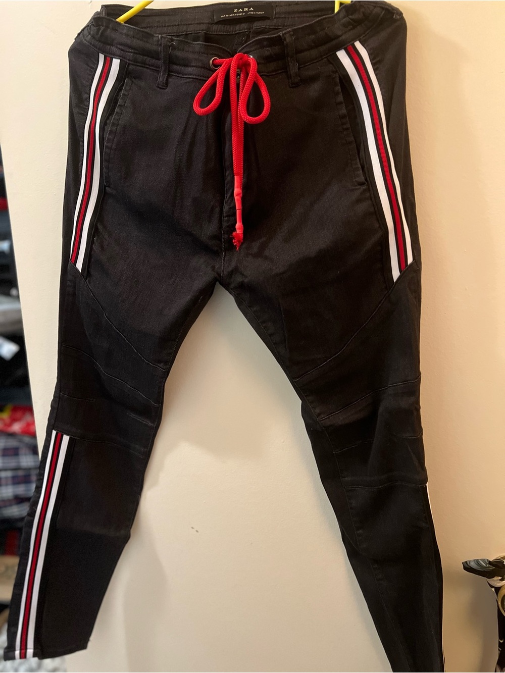 Zara Black Jogger Pants with Red Drawstring and Red-White Side Stripes